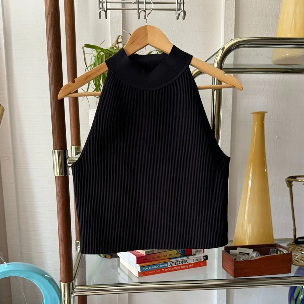 QUINCE • Cropped High Neck Ribbed Top. Size L. EUC. Black. $17 obo. - Picture 8 of 8